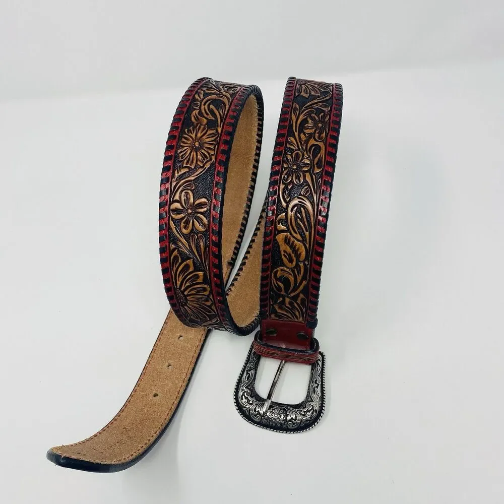 American Darling 44 Red Floral Hand Tooled Leather Belt Western Unisex USA Rodeo